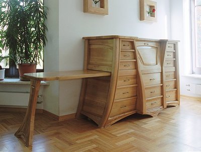 Meble drewniane ekskluzywnae unikatowe, dębowa komoda dizajnerska z wysuwanym blatem. #6212